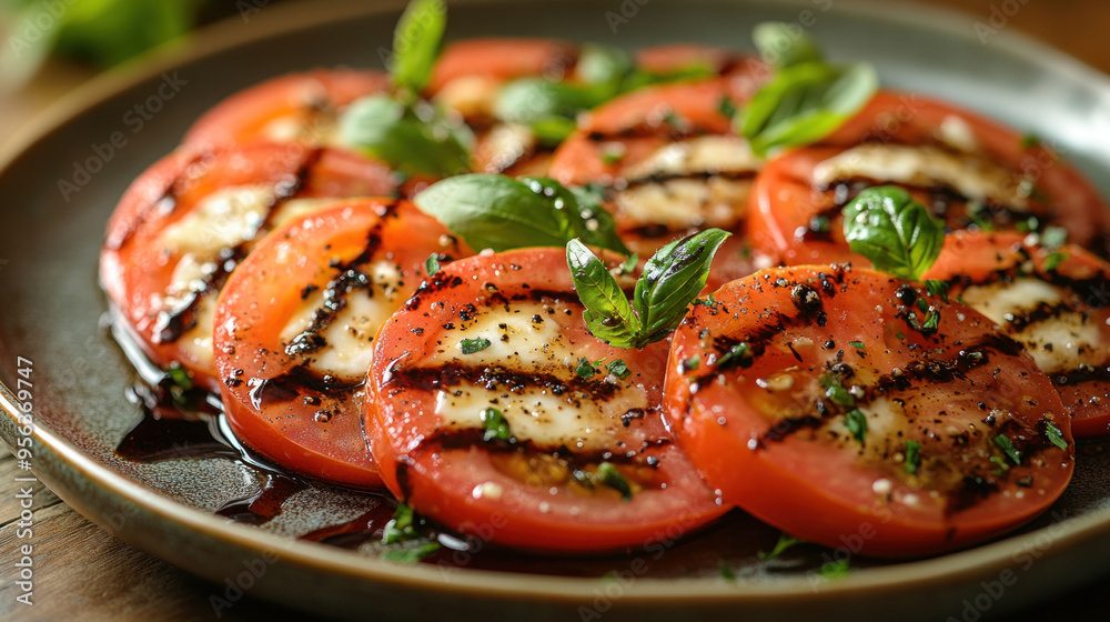 Caprese Salad: A fresh and vibrant Caprese salad with slices of ripe tomatoes, mozzarella, and fresh basil drizzled with balsamic glaze. Caprese Salad: A fresh and vibrant Caprese salad with slices of ripe tomatoes, mozzarella, and fresh basil drizzled with balsamic glaze.