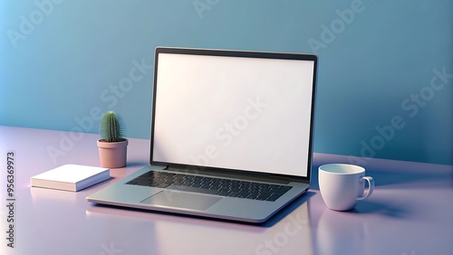 An open laptop with a blank white screen sitting on a wooden table, minimalist workspace, beige wall background