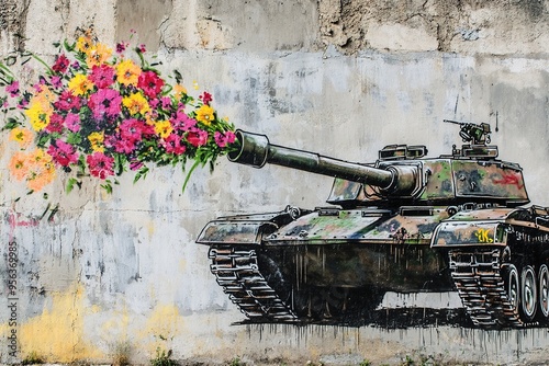 Tank mural with colorful flowers shooting out of cannon