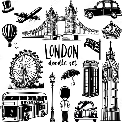 London city doodles elements. Hand drawn set with, taxi, bus, plane, bridge, Big Ben, London Eye. Isolated black sketch collection.