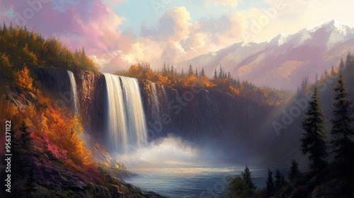 Majestic waterfall cascading down a rocky cliff, surrounded by lush greenery and snow-capped mountains in a scenic landscape under a cloudy sky.