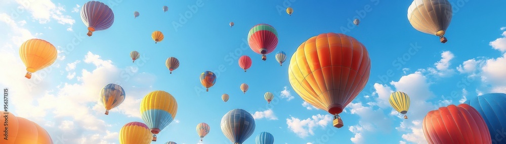 Fototapeta premium Vivid Colorful Hot Air Balloons Soaring in the Sky - 3D Illustration of Joyful Balloon Flight Adventure