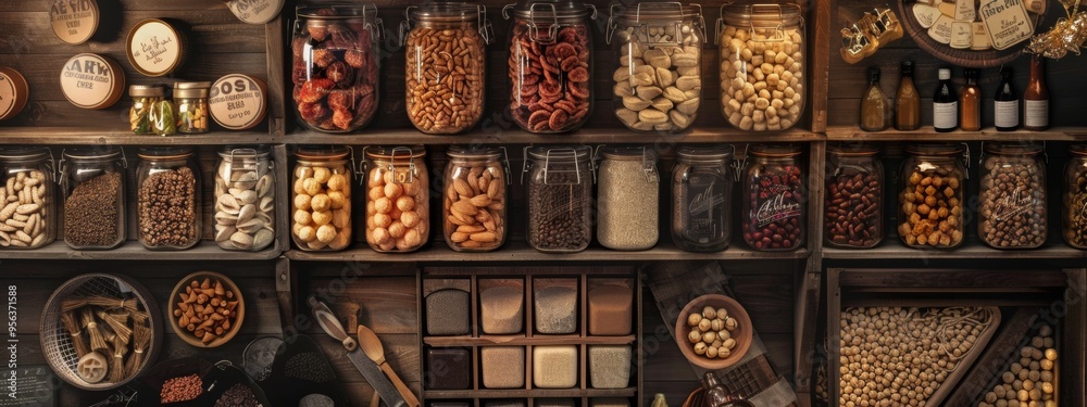 Assorted dried fruits and nuts in glass jars on wooden shelves Assorted dried fruits and nuts in glass jars on wooden shelves