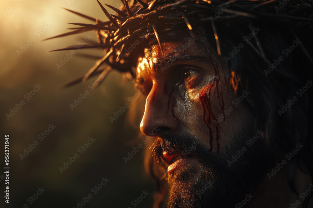 Man with beard wearing a crown of thorns and blood on his face looking away from the camera Man with beard wearing a crown of thorns and blood on his face looking away from the camera