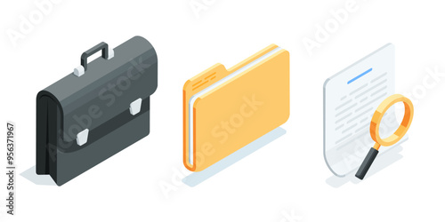 isometric vector set of business icons, in color on a white background, briefcase with folder and document with magnifying glass, work with documentation