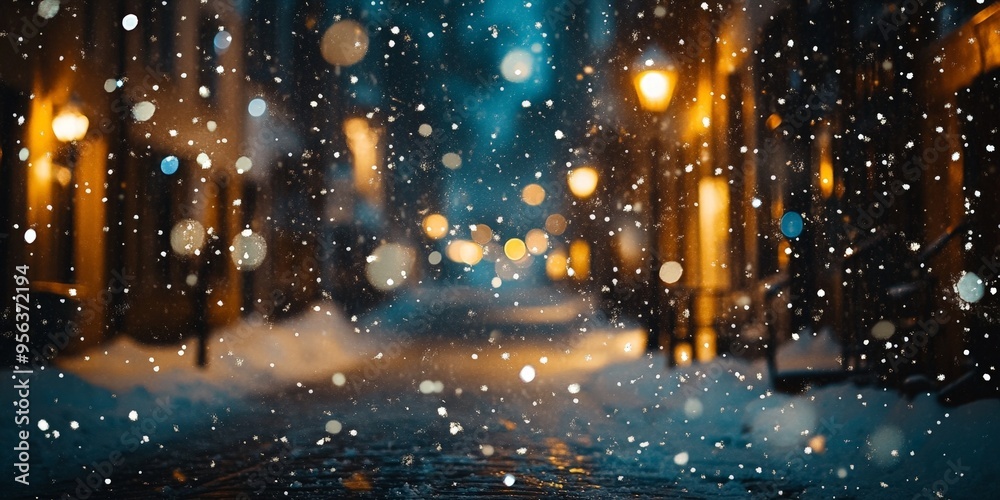 Magical Night Snowfall with Warm Streetlight Glow Magical Night Snowfall with Warm Streetlight Glow