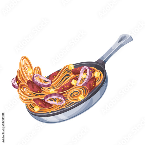 Flying cartoon pan with fried beef pieces, vegetables and spaghetti. Meat pasta falling on skillet to cook dinner meal. Cooking process mascot, cartoon stir fry noodles in pan vector illustration