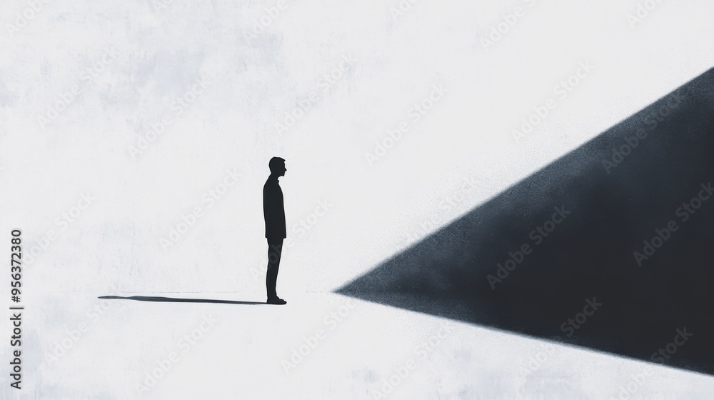 Obraz premium A lone figure stands in a vast white space, facing a dark triangle-shaped shadow, a symbolic representation of unknown challenges or uncertainty.