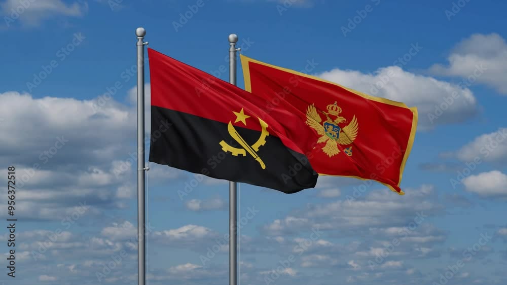 Montenegro and Angola flags flying together, video concept of the relationship, two country cooperation concept Montenegro and Angola flags flying together, video concept of the relationship, two country cooperation concept