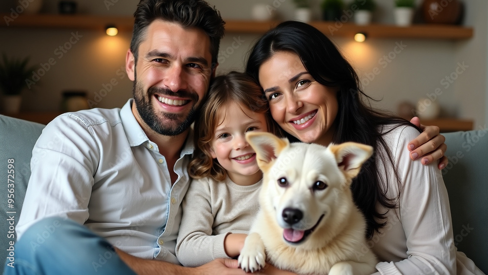 A close up of a smiling cheerful family sits  together on a couch with a white dog puppy in the mother's lap at the living room at home. Light blurry background, creating a warm, cozy atmosphere.