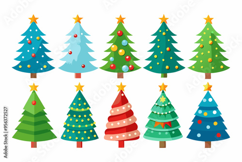 Christmas trees vector set isolated on white background, Colorful collection of Christmas New Year trees icon illustration