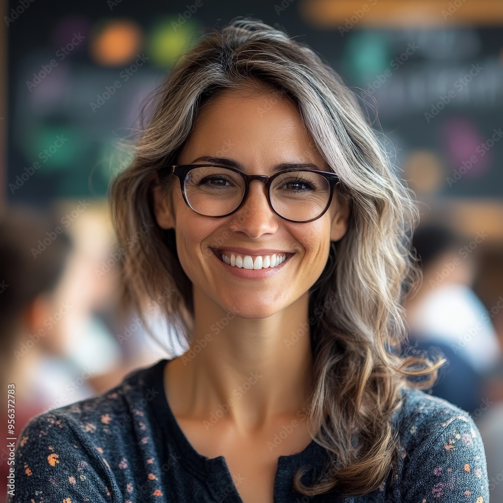 Warm Smile of a Cheerful Teacher in a Lively Classroom Warm Smile of a Cheerful Teacher in a Lively Classroom