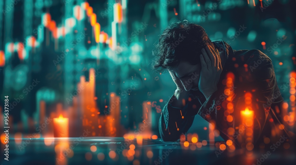 Fototapeta premium Stressed Young Man Analyzing Stock Market Data with Candlestick Charts in Background.