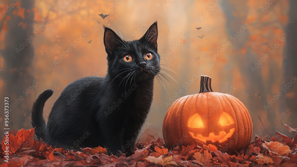 Black cat creeping beside a glowing pumpkin, haunted woods in the background, Watercolor style Black cat creeping beside a glowing pumpkin, haunted woods in the background, Watercolor style
