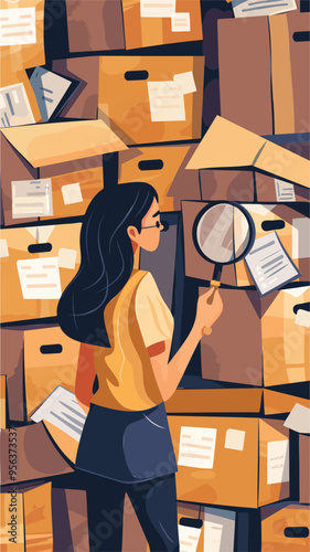 Determined job seeker using magnifying glass to find the perfect career match among stacks of job boxes