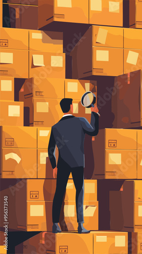 Determined job seeker using magnifying glass to find the perfect career match among stacks of job boxes