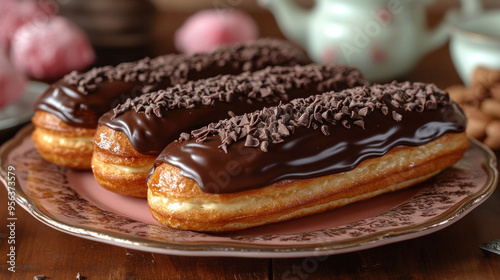 Chocolate Eclairs: A plate of glossy chocolate clairs filled with creamy custard, arranged in a tempting display. photo