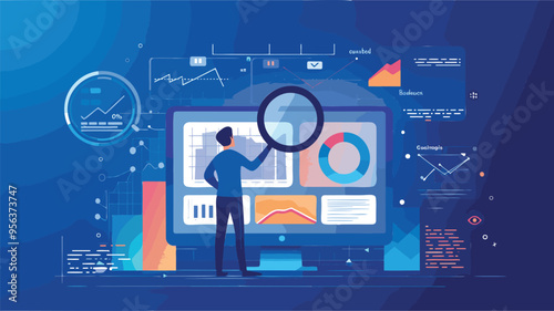 Customer Insight Optimizes Experience: Happy Shopper on Magnifying Glass Analyzing Consumer Behavior Journey