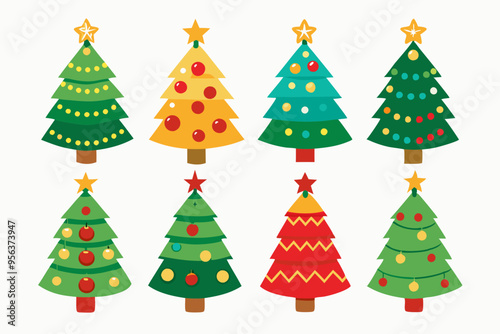 Christmas trees vector set isolated on white background, Colorful collection of Christmas New Year trees icon illustration