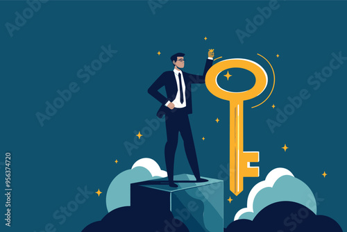 Confident Businessman Unlocking His True Potential with Golden Key for Success