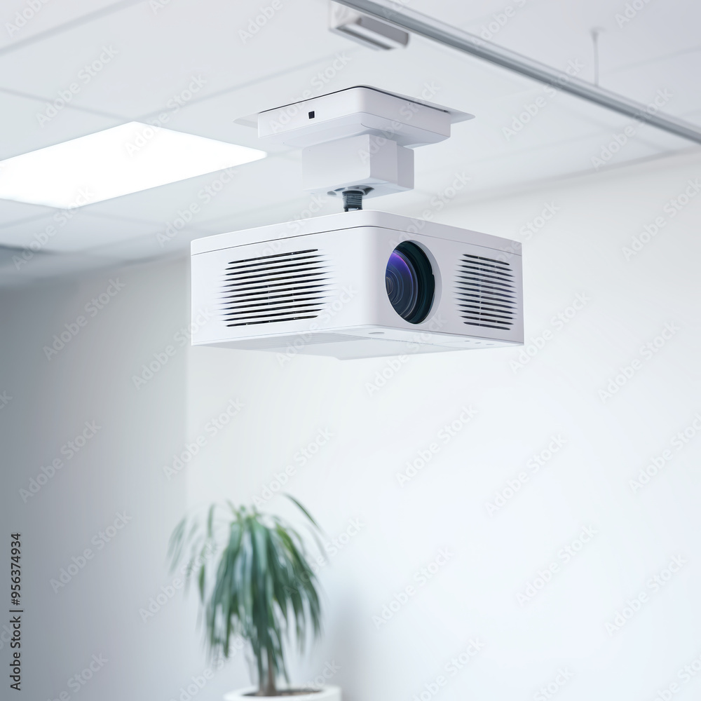 The square multimedia projector with lens hanging on the ceiling in the office, showcasing the projector against a white background The square multimedia projector with lens hanging on the ceiling in the office, showcasing the projector against a white background