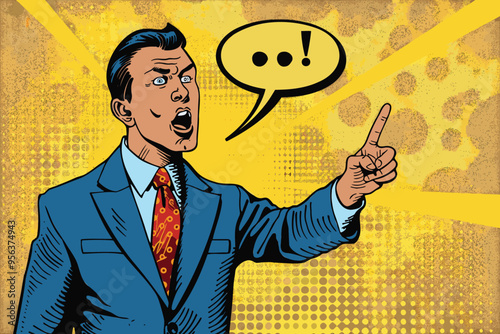 Businessman Speaking with Exclamation Point Speech Bubble, Storytelling to Capture Attention and Convey Important Information