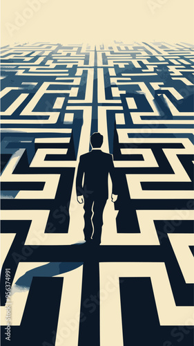 Businessman's Creative Workaround to Solve Labyrinth, Overcoming Obstacles and Difficulties Concept