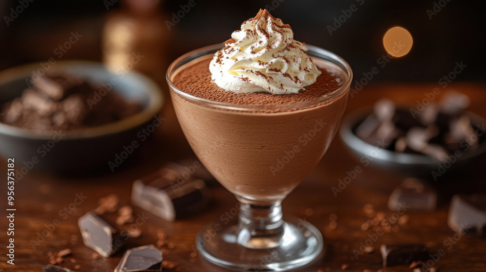 Chocolate Mousse: A delicate glass of chocolate mousse, garnished with whipped cream and a sprinkle of cocoa powder, offering a smooth and luxurious dessert. Chocolate Mousse: A delicate glass of chocolate mousse, garnished with whipped cream and a sprinkle of cocoa powder, offering a smooth and luxurious dessert.