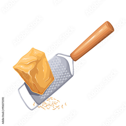 Grating piece of hard cartoon cheese on metal grater. Cooking dish with crumbs of aged Italian cheese by chef. Food preparation in kitchen mascot, cartoon grated tasty ingredient vector illustration