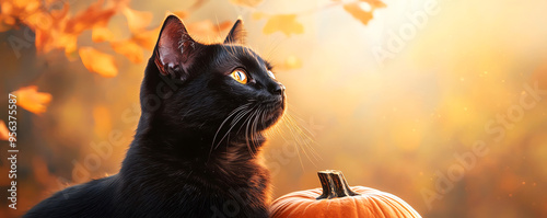 Superstitious black cat perched on a glowing pumpkin, misty forest background, Watercolor style photo