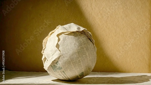 A surreal and intriguing sculpture of a ball, sphere, made entirely of crumpled newspaper, bathed in warm light.
