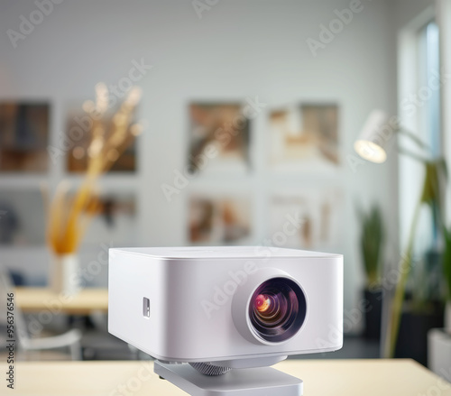 The square multimedia projector with lens hanging on the ceiling in the office, captured with the lens pointing towards the screen photo