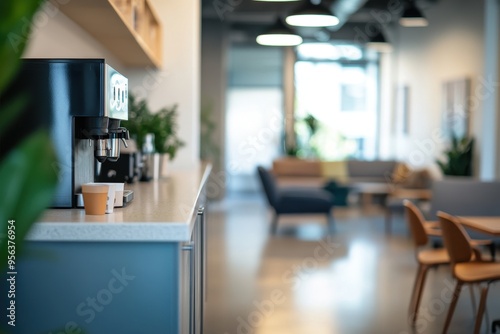 A modern office break room featuring a coffee machine and seating area.
