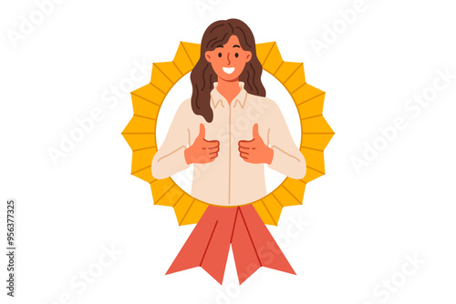 Best employee of month woman shows thumbs up while looking out of medal received for professional achievements. Award for best employee from businesswoman motivating good employees of company