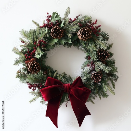 Beautiful holiday wreath adorned with pinecones, greenery, and a red velvet bow, perfect for festive decor.