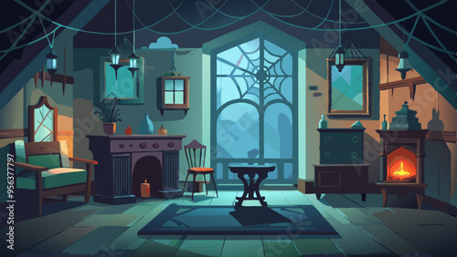 Spooky Haunted House Interior Vector Art: Cobwebs, Vintage Furniture, and Eerie Lighting
