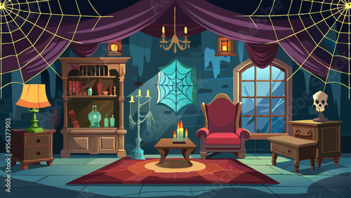 Spooky Haunted House Interior Vector Art: Cobwebs, Vintage Furniture, and Eerie Lighting
