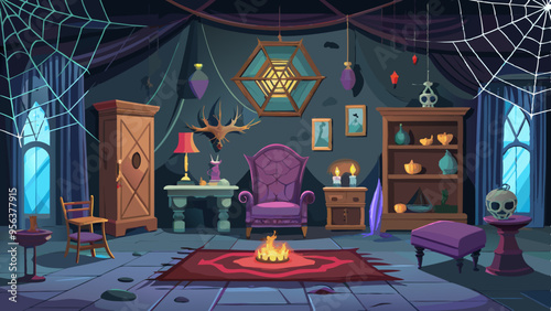 Spooky Haunted House Interior Vector Art: Cobwebs, Vintage Furniture, and Eerie Lighting
