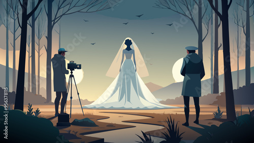 A hauntingly beautiful photo shoot featuring a ghostly bride in a desolate, misty landscape.