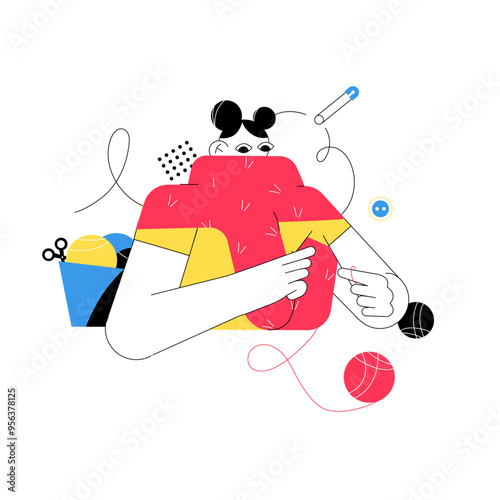 Modern Abstract Illustration of a Tailor Sewing Garment with Threads and Needles in a Creative Studio Setting