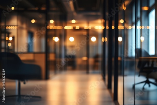 A modern office interior with blurred glass partitions and warm lighting.