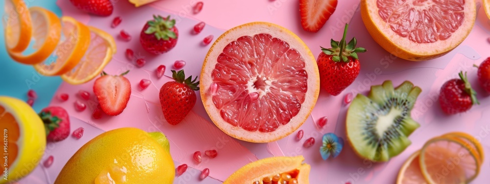 Top view of sliced citrus and berries on pastel pink and blue background
