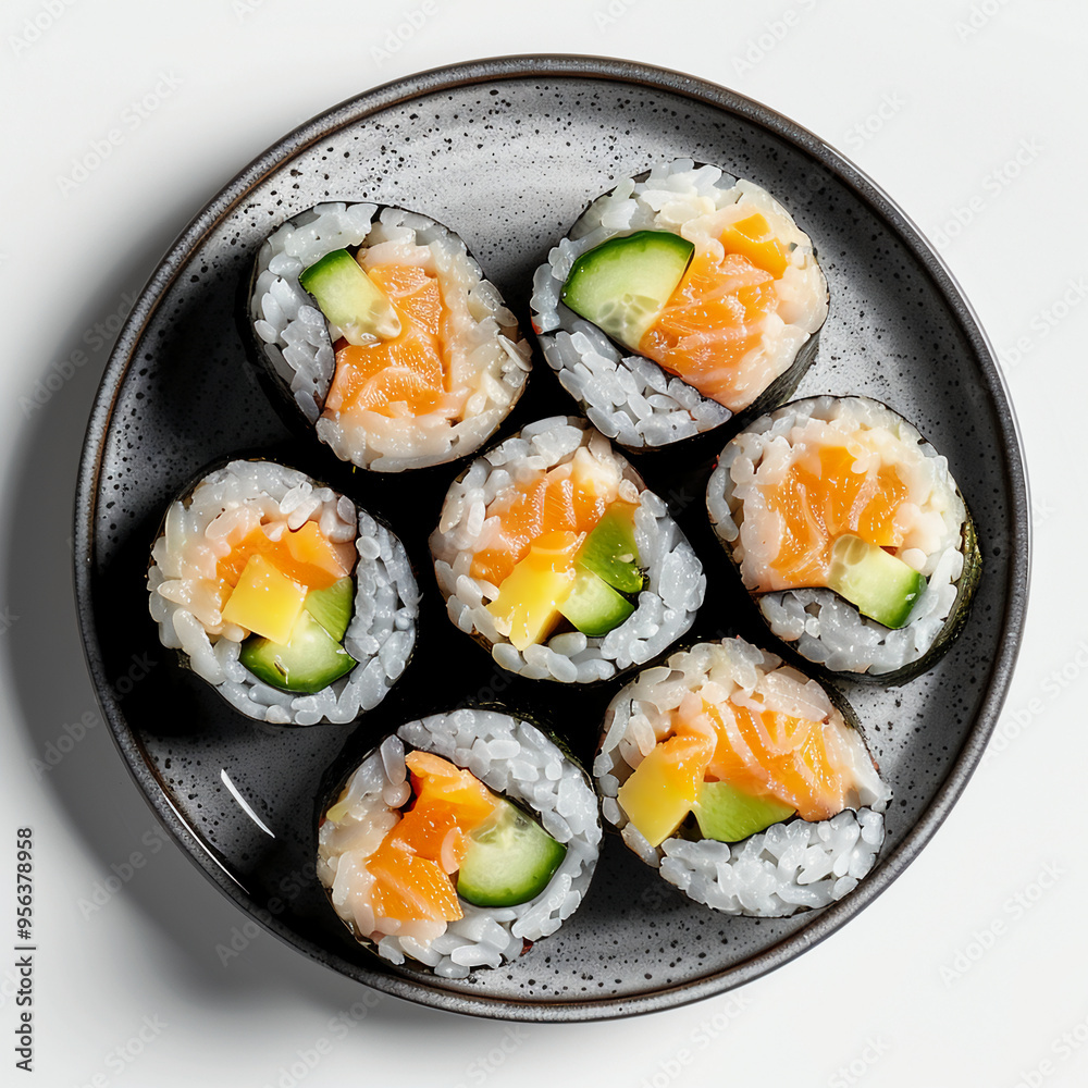 Modern Maki Roll Dish - Black Plate, White Background Modern Maki Roll Dish - Black Plate, White Background