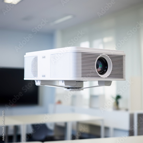 The square multimedia projector with lens hanging on the ceiling in the office