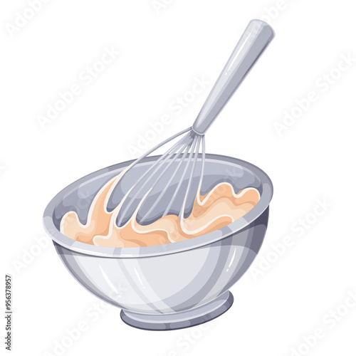 Whipping cartoon cake cream with metal whisk in bowl. Making whipped cream by pastry chef. Cooking process with utensils, confectionery mascot, cartoon sweet mousse preparation vector illustration