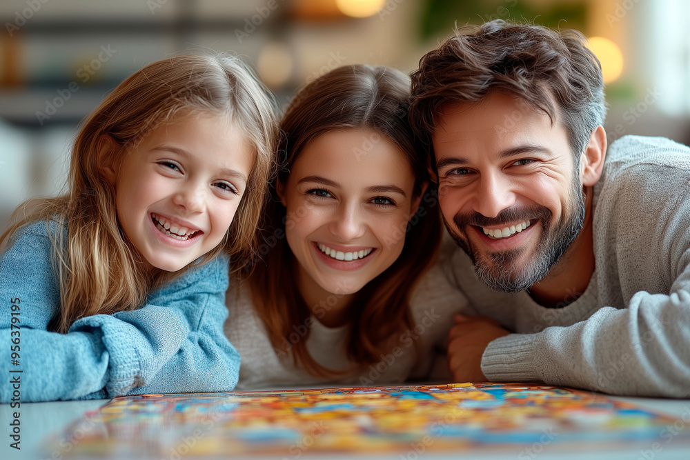 A family of three, a man, a woman and a girl, are smiling and posing for a picture in front of a board game over a table A family of three, a man, a woman and a girl, are smiling and posing for a picture in front of a board game over a table
