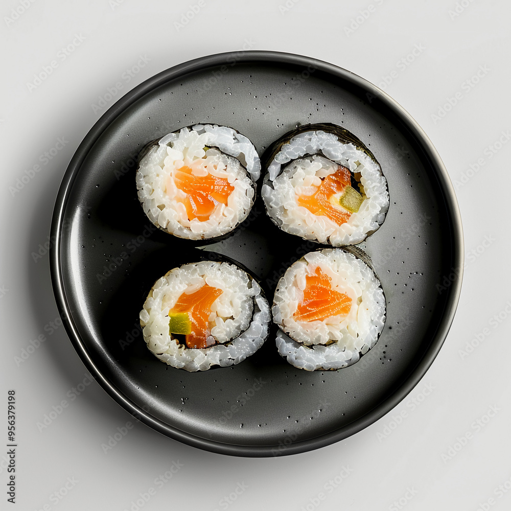 Modern Maki Roll Dish - Black Plate, White Background Modern Maki Roll Dish - Black Plate, White Background