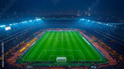 A soccer field with a large crowd of people watching the game