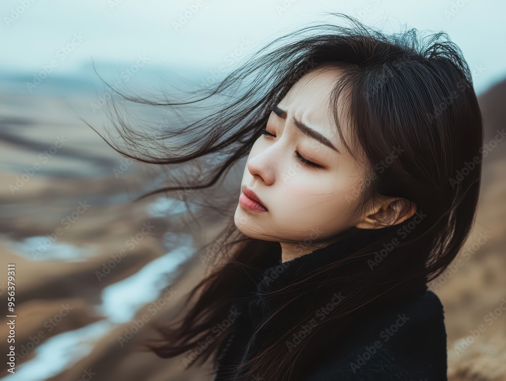 Asian woman standing at the edge of a cliff, wind blowing her hair, eyes closed, her face a picture of inner conflict and regret, guilt expression, dramatic landscape Asian woman standing at the edge of a cliff, wind blowing her hair, eyes closed, her face a picture of inner conflict and regret, guilt expression, dramatic landscape