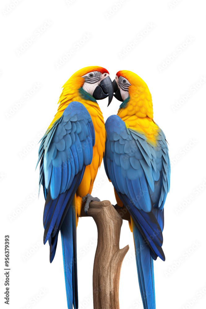 Two blue and yellow macaws perched on branch, heads touching. Suitable for nature, wildlife, or bird related designs and content Two blue and yellow macaws perched on branch, heads touching. Suitable for nature, wildlife, or bird related designs and content